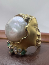 Seltener Carrera Y Carrera 18kt Gelbgold Barock Perle Frauenkopf Ring