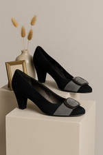 Mauro Teci Pumps 38 Vintage | Schwarz Grau Wildleder Schnalle | Retro Italy