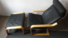 IKEA POÄNG Schwingsessel mit Hocker Leder schwarz/dunkelblau
