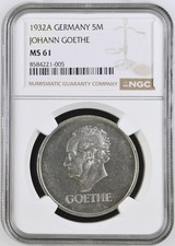 VALORIS Weimar 5 Reichsmark 1932 A Goethe NGC MS 61