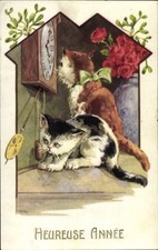 Ak Fröhliches Neujahr, Wanduhr, zwei Katzen - 4357462