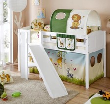 Kinderhochbett 80x200 Cm, Massivholz Kiefer, Weiß, mit Leiter und Rutsche.