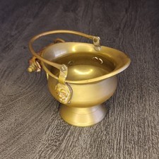 Messingkrug, Kohlebehälter, Blumenübertopf, Holzgriff, 10 cm hoch