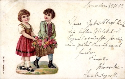 Zwei kinder mit blumenkorb - ak,