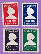 4 verschiedene Reklamemarken, Dr. Oetker's, Backin Backpulver, Vanillin-Zucker