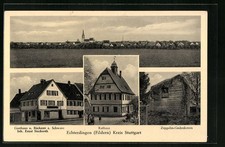 AK Echterdingen b. Stuttgart, Ortsansicht mit Gasthaus z. Schwane und Zeppelin- 