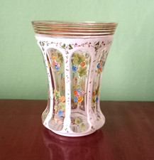 Biedermeier Glas Becher,Zinnemail- Überfang,Bemalung bunt und Gold,Böhmen 1850