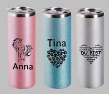 Edelstahl Thermobecher  570ml Name Druck personalisiert glitzer rosa blau silber