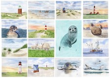 15 Aquarell Postkarten Nordsee Strandkorb Leuchtturm Robben Strand Möwen Maritim