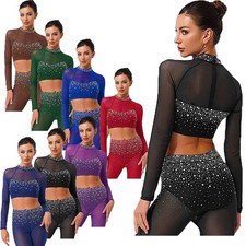 Damen Tanzkleidung Sheer Top Rave Crop Tops Rumba Glitzer Bauch Strass Samba