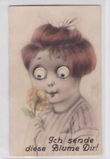 66947 mechanische Ak Kind mit Blume und Wackelaugen 1953