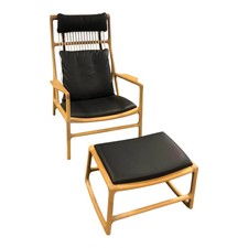 Gazzda Relaxsessel Dedo Eiche Massiv Weiß Geölt Leder Dakar Schwarz mit Fußbank