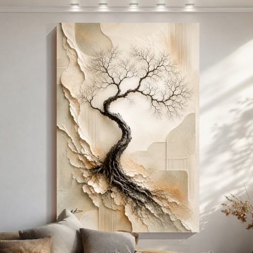 Abstrakt beige wandbild baum - beige,