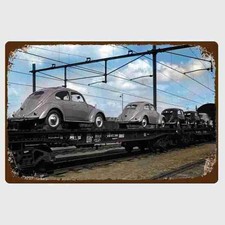Blechschild VW Käfer auf Eisenbahn Waggon Vintage Metallschild TEL4138