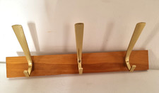 Garderobe  Holz Hakenleiste  Alumium Messingfarben  3 Haken 50er Vintage