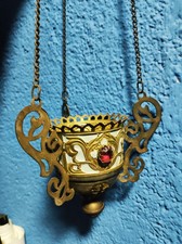 Antikes neogotik sakrales Ewiges Licht rote Steine Ampel 1900 Messing Länge 40cm