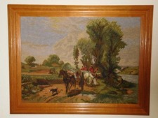 Antik Gobelin Reiter mit Pferden Jagd Stickbild Echtholzrahmen Handarbeit 68x53