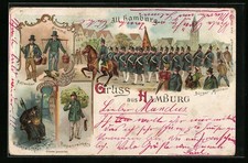 Lithographie Hamburg, Bürger-Militair mit Hummel und Aalweber 1900 
