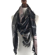 Mucho Gusto ! Seiden Tuch Halstuch Lederfransen Neuwertig Grau Rosé Pferde Feder