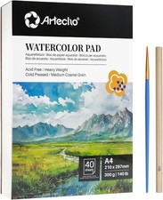 Artecho A4 300g Aquarellblock 40 Blatt + Pinsel & Bleistift – Weißes Papier