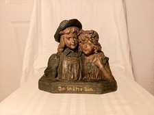 alte Skulptur, Figur, um 1900, 25 cm, 2,1 kg, Junge, Mädchen, "Ich schütze dich"