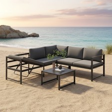 Sitzgruppe Aluminium Ecksofa Lounge mit Liegefunktion Grau wetterfest Tisch 