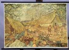 Schulwandkarte Rollbild Poster Leben der Teutonen Dorf Alltag Jagen 