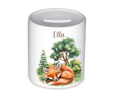 Personalisierte Spardose – Schlafender Fuchs im Wald mit Namen