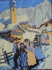 Heimkehr vom Kirchgang Robert Saurwein Farbholzschnitt Tirol Originalrahmen