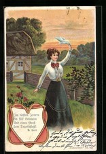 Ansichtskarte Junge Frau winkt mit einem Taschentuch 1902 