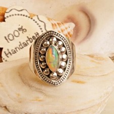 Vintage Punkt-Muster 925er Silber Ring 55 62 Welo Opal Weiß Feueropal Multicolor