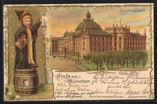 Lithographie München, Justizpalast mit Münchner Kindl 1902 