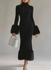 Damenstrickkleid elegenat Midi Strickkleid Winter Mode schick mit Kunstfell