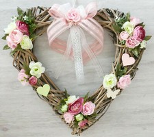 Türkranz Herz rosa creme grün 38cm Rattan Herz Türdeko Sommerkranz Dekoherz Holz