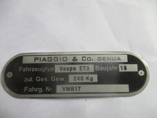 Typenschild Schild ID-plate Vespa piaggio 125 ET3 ET 3 primavera VMB1T S66 