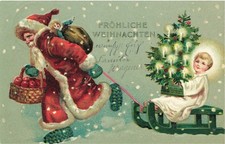 24.12.1909 Glückwunschkarte geprägt Weihnachtsmann rot Schlitten Christkind Top