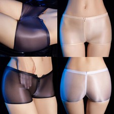 Deman Glossy Zipper Schritt Boyshorts Low Rise See-Through Höschen Unterwäsche