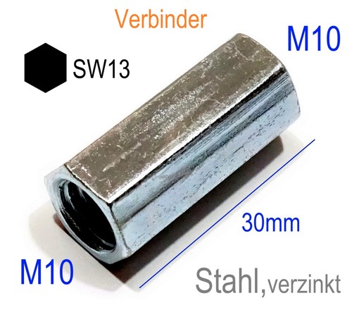 M10x30mm kant gewinde muffe - 6-kant,