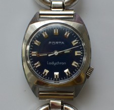Porta Ladychron Damen Uhr 1970er Vintage Elegant Selten Blaues Zifferblatt
