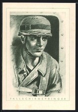 Künstler-AK Der Fallschirmjäger, Stahlhelm 