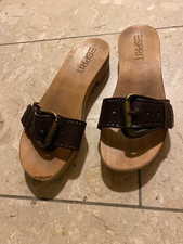 Esprit Holzklepper Pantolette, Lederriemen braun, Gr. 38 (24 cm), gebraucht