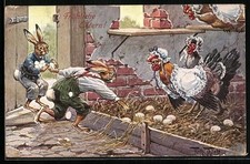 Künstler-AK Arthur Thiele: Osterhasen stehlen Eier aus dem Hühnerstall 1912 