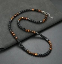 ✅ STYLISCHE TIGERAUGE & LAVASTEIN HERREN EDELSTEIN HALSKETTE PERLEN KETTE 55CM✅