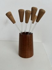 6 Vintage Cocktail- Spieße Picker, Teakholz Behälter