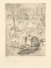 Rudolf Kühlkoffer Grossmann Original Radierung " Zigeunerwagen Zoll