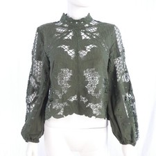 Zara Bluse Crop Top Häkel Ösen Baumwolle halbtransparent hochgeschlossen khaki Gr. S