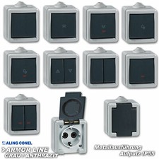 Aufputz Schuko Steckdosen Schalter ARMOR LINE IP55 (Metall) Grau/Anthrazit