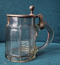 Glaskrug Bierkrug  dickwandig Zinndeckel mit Monogramm und Hersteller FH