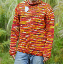 Schafwoll Pullover, rot bunter Strickpullover aus Schurwolle, dicker Pullover