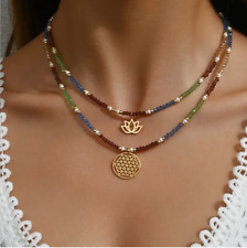 Doppelkette Lebensblume und Lotus Anhänger Perlen Bunt Schmuckset 2-tlg. 45 cm 